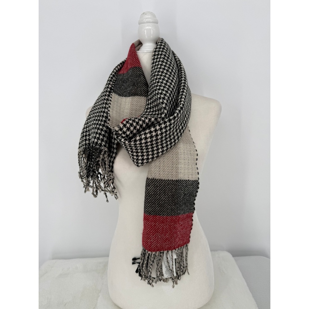 Pottery Barn Whittaker Plaid Houndstooth Reversible Scarf‎ Fringe 14"X70"